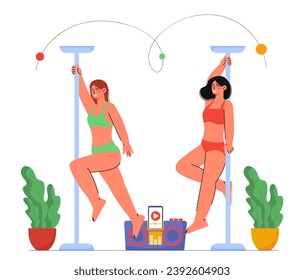 Women dance striptease concept. Young girls near pole, pole dancers in red and greem swimsuits or underwears. Sexy and erotics. Cartoon flat vector illustration isolated on white background