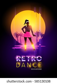 A women dancer against a retro glitch sunset. Vector illustration