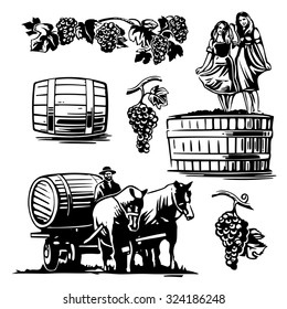 Women dancing in a barrel  with grapes and charioteer on the cart with a horse driven wine. Engraving vintage vector black illustration. Isolated on white background. Hand drawn design element