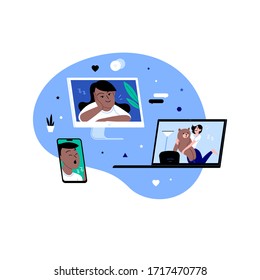 Women dancing and chatting on the online conference house party via different devices. Friends meeting up online. Party from home via videocall. Background with icons pattern