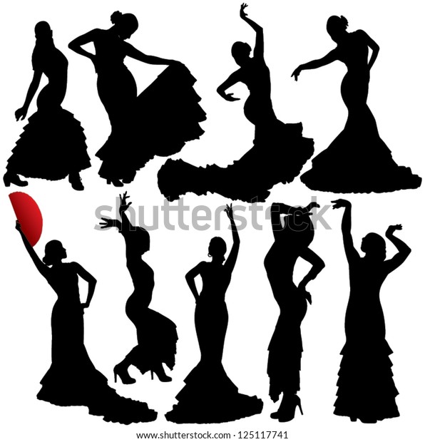 Women dancing flamenco and salsa vector\
silhouettes set. Layered. Fully\
editable.