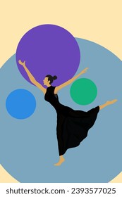 women are dancing and jumping against a background of colorful circles