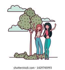 women dancing in landscape with trees and plants