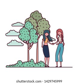 women dancing in landscape with trees and plants