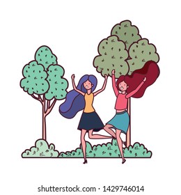 women dancing in landscape with trees and plants