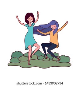 women dancing in landscape with trees and plants
