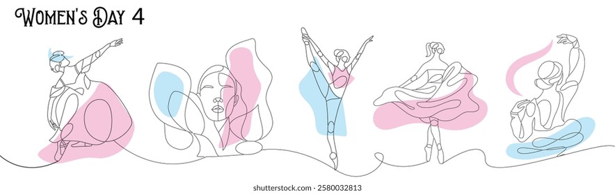 Women Dancing Line Art 8 March International Women's Day banner in continuous line art drawing, Line art of different women. International Women's Day. Happy Women's Day.