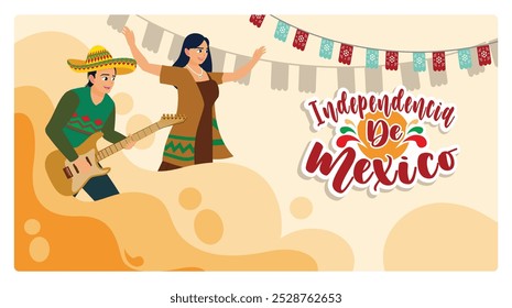 Mulheres dançando música mariachi. Celebração do Cinco de Mayo com música e bandeiras penduradas. Conceito Cinco de Mayo. Ilustração de vetor plano.