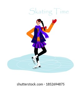 Women are Dancing on Ice Rink. Girl skating on ice in winter. Winter sport and winter activities.