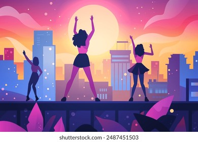 Women dancing on rooftop cityscape sunset vibrant colors silhouettes modern urban skyline colorful background