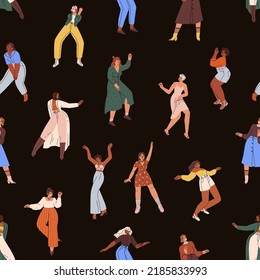 Women dancing pattern. Seamless background with happy young girls dancers print. Diverse females dance at night party, endless repeating texture design. Colored flat graphic vector illustration