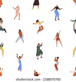 Women dancing pattern. Seamless background with happy girls dancers repeating print. Female characters moving to music, endless texture design for textile. Colored flat graphic vector illustration.