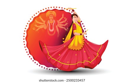 A women dancing with a stick in her hand, with a depiction of Goddess Durga in the background.