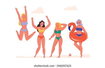 Women dancing in swimsuits on beach flat vector illustration