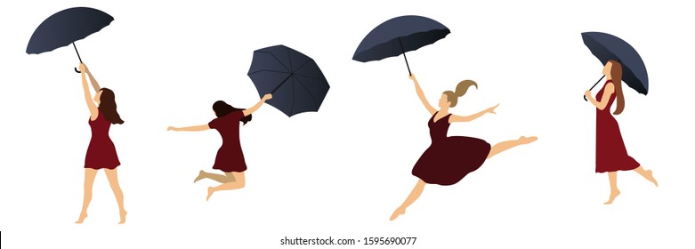 Women dancing with umbrellas. Set of flat vector illustrations. 