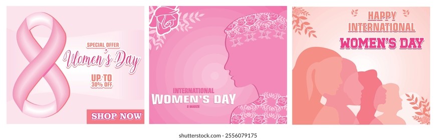 Women Day 8 March Special Offer. Frame of flowers and leaves. Celebrating Strong Women. Set flat vector modern illustration   