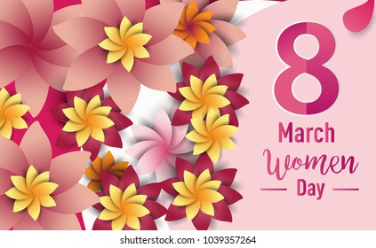 Women Day 8 March text lettering on flowers pattern background for greeting card, invitation card. women day celebration.