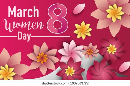 Women Day 8 March text lettering on flowers pattern background for greeting card, invitation card. women day celebration.