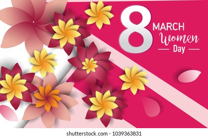 Women Day 8 March text lettering on flowers pattern background for greeting card, invitation card. women day celebration.