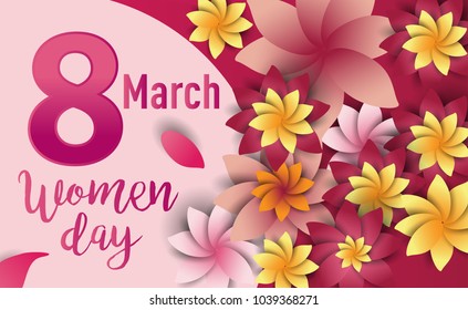 Women Day 8 March text lettering on flowers pattern background for greeting card, invitation card. women day celebration.