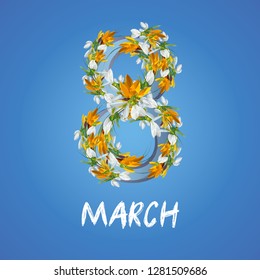 Women day background with frame of crocuses and snowdrops 8 March invitation card. Vector illustration. 10 eps