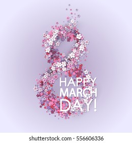 Women Day Background With Frame Flowers. 8 March Invitation Card. Vector Illustration.