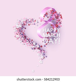 Women day background with frame flowers and pink ribbon. 8 March invitation card. Vector illustration.