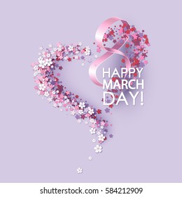 Women day background with frame flowers and pink ribbon. 8 March invitation card. Vector illustration.