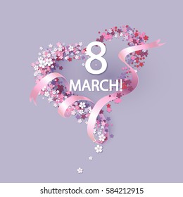 Women day background with frame flowers and pink ribbon. 8 March invitation card. Vector illustration.