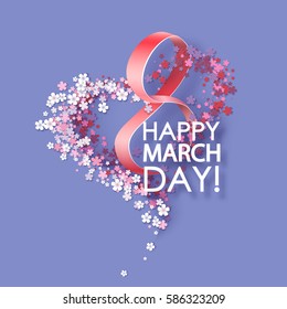 Women day background with frame flowers and pink ribbon. 8 March invitation card. Vector illustration.