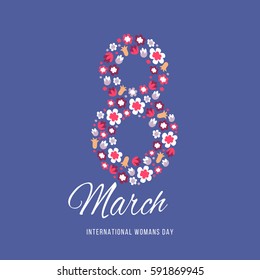 Women day background with frame flowers. 8 March invitation card. Vector illustration.