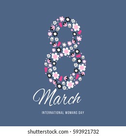 Women day background with frame flowers. 8 March invitation card. Vector illustration.