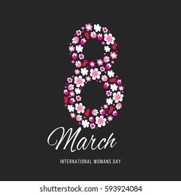 Women day background with frame flowers. 8 March invitation card. Vector illustration.
