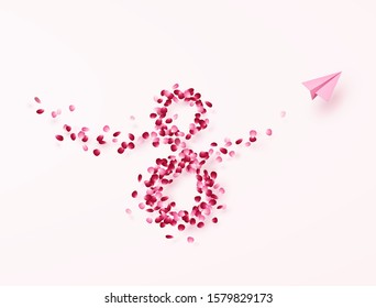 Women day background with paper flying airplane and rose flower petals. Vector pink floral symbol of 8 March for Happy Women 's Day greeting card design.
