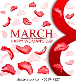 Women day background with rose petals on white background. 8 March invitation card. Vector illustration