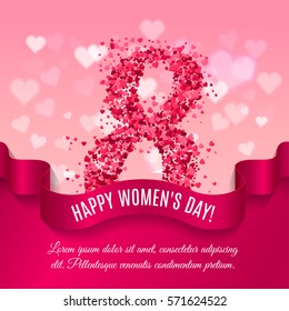 Women day background with silk ribbon and 8 match made of pink paper hearts. Greeting card for women or mother's day. Vector illustration