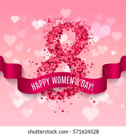 Women day background with silk ribbon and 8 match made of pink paper hearts. Greeting card for women or mother's day. Vector illustration