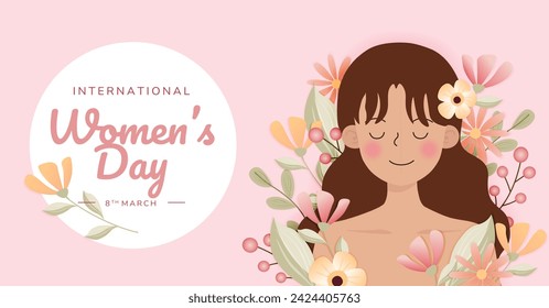 Women day. beautiful woman with flower. Female mental health, blooming brain, positive mind. Self care, love, wellbeing. Women day art vector illustration