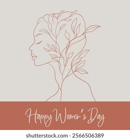 Women day card. Floral Feminine Elegant Woman Silhouette for 8 March. Women Day Greeting. Women Day Card Templates with Floral Line Art