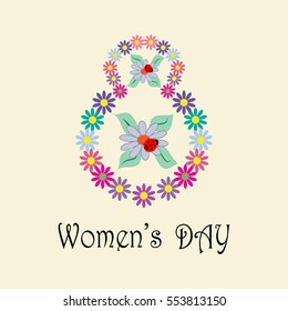 Women day card. Romantic flower around two heart in frame heart. Two heart symbol love and holiday womens day. Romantic sign linked, join, love, passion. Design element. Vector illustration