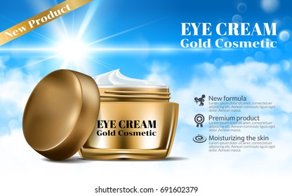 Women Day Cream for Eye and Face Elegant Bottle Mockup. Dazzling Blue Sky Background. Luxury Gold Contained Gloss Effect. Excellent Advertising. Cosmetic Ads Design Product. 3D Vector Illustration.