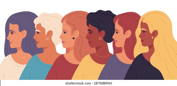 Women' day. Female side profile portraits, sisterhood diverse group, women empowerment movement vector illustration. Women profile faces. Support lady feminist, sisterhood interracial empowerment