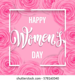 Women Day greeting card of flowers pattern background. Text lettering for 8 March Woman holiday