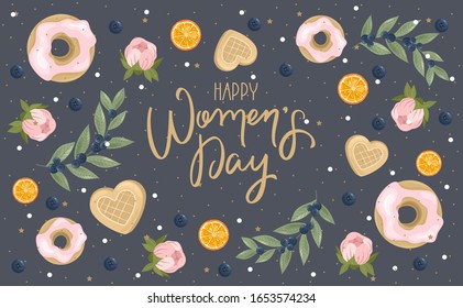 Women Day greeting card with hand drawn flowers background. Text lettering for 8 March Woman holiday. 
Vector template with lettering design and hand draw texture. Design for card, poster, flyer.