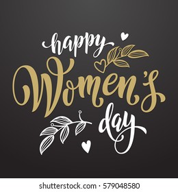 Women Day greeting card text calligraphy and hearts. Lettering for 8 March Woman holiday premium black background.