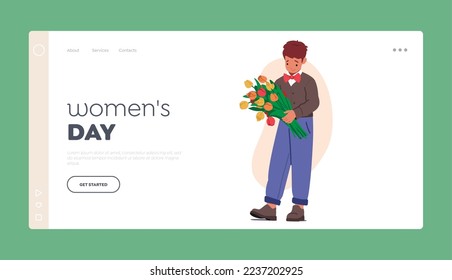 Women Day Landing Page Template. Little Boy Holding Bouquet of Beautiful Flowers. Child Character Wear Festive Clothes and Bow Tie with Blossoms for Greetings. Cartoon People Vector Illustration