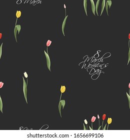 Women day, March 8. Tulip pattern for decoration greeting card and holiday designs. Vector repeatable black background with colorful blossom tulip flowers. Floral print on white backdrop.