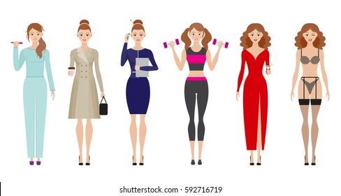 Women day from morning till night. Women transformation. Daily routine vector illustration