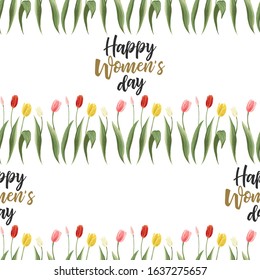 Women day print with tulip flowers. Pattern background with flower and text elements. Repeatable seamless tile for spring holidays designs. Digital floral illustration.