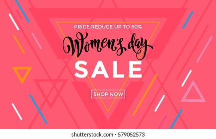 Women Day Sale banner for online shop on triangle pattern background. 8 March text lettering.